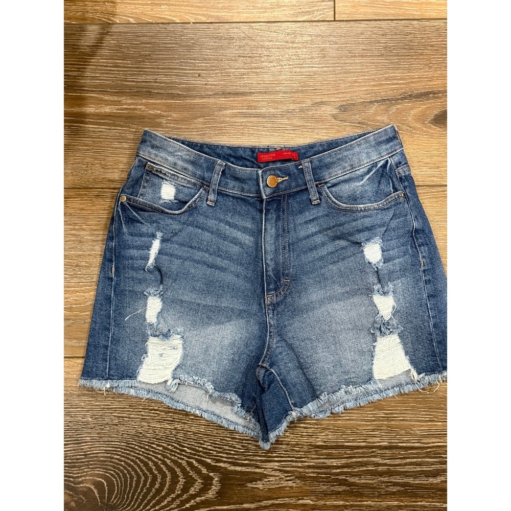 Jennifer Lopez High Rise Distressed Denim Shorts Med Wash Raw Hem Sz 6 Festival